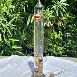 Large Vintage GALILEO Thermometer in Clear Glass with 7 Colored Balls - Space Age - Height 16.9&quot; - Cylinder - Mid-Century