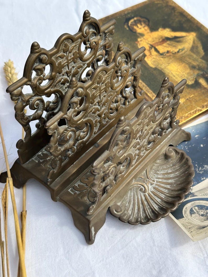 Antique Late 19th Century Solid Brass Letter Rack - Ornate Mail Holder ...