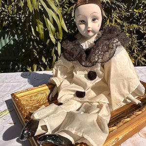 PIERROT Poupée - Poupée de Chiffon Pieds Mains Tête en Porcelaine & Tissu - Paint à la main - Pierrot Arlequin - 55 cm Hauteur - &#39;80s