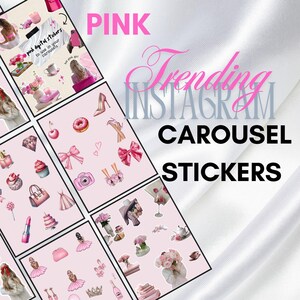 May include: A set of pink digital stickers for Instagram carousels. The stickers feature various pink themed items such as bows, cupcakes, lipstick, and a camera.
