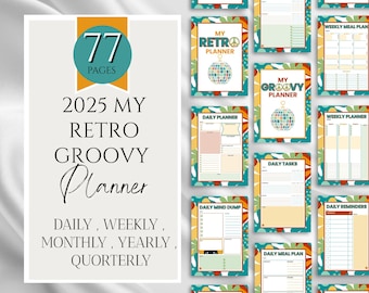 Daily, Weekly,  Monthly Planner Pack | Funky Groovy Retro | Digital Planner | Productivity Bundle 2025 | Daily Meal & Grocery Schedule