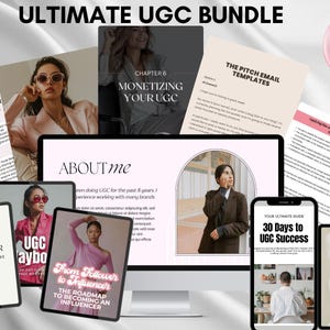 May include: A digital marketing bundle for creating and selling user-generated content (UGC). The bundle includes a variety of resources, such as templates, guides, and contracts. The text "Ultimate UGC Bundle" is displayed in large, bold letters at the top of the image.