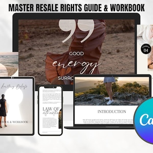 Könnte beinhalten: Ein digitales Produkt-Mockup mit einem Leitfaden und Arbeitsbuch mit dem Titel "Master Resale Rights Guide & Workbook". Der Leitfaden befasst sich mit guter Energie und enthält Kapitel über "Gesetz der Anziehung", "Limitierende Glaubenssätze" und "Loslassen". Das Mockup wurde mit Canva erstellt.