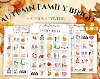 Autumn Family Bingo Game Printable for Kids and Adults, Fall Bingo Party Game with 6 Bonus Activity Pages