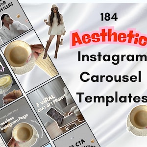 May include: A collage of 10 Instagram carousel templates with aesthetic designs. The templates feature text overlays with phrases like "How to stay consistent" and "7 Viral Chat GPT Prompts".