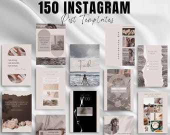 May include: A collection of 150 Instagram post templates with a neutral color palette. The templates feature various designs, including text overlays, quotes, and abstract shapes. The templates are perfect for bloggers, influencers, and businesses to create visually appealing content for their social media.