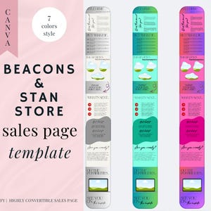 Może przedstawiać: Szablon strony sprzedażowej dla Beacons & Stan Store z trzema różnymi schematami kolorystycznymi: szarym, turkusowym i różowym. Szablon zawiera grafikę chmury, tekst, który mówi "Ale co jeśli...", "Co dalej?", "Poza możliwościami" i "Do zobaczenia w środku".
