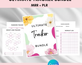 May include: A printable bundle of trackers for weight loss, passwords, vision board, and workout logs. The cover features a floral design with pink, yellow, and green accents. The text "Ultimate Tracker Bundle" is in black text. The text "Editable in Canva" is in black text with a Canva logo.