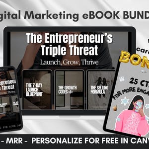 以下が含まれることがあります： 「The Entrepreneur's Triple Threat: Launch, Grow, Thrive」というタイトルのデジタルマーケティング電子書籍バンドル。4つの電子書籍、「The 7-Day Launch Blueprint」、「The Growth Codes」、「The Selling Formula」、そして「25 CTA for More Engagement」というタイトルのボーナス電子書籍が含まれています。