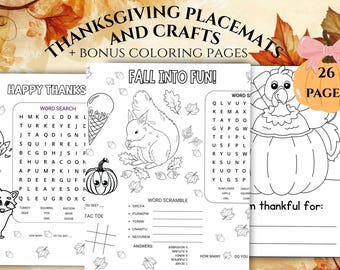 26 Thanksgiving Placemats and Crafts Activity Pages, Thanksgiving Coloring Pages, Thanksgiving Activity Bundle, Kid's Activities Printable