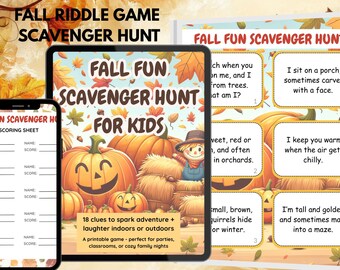 Fall Scavenger Hunt Game for Kids | 16 Page Autumn Riddle Activity Pack with Colored & Black and White Versions | Fun Fall Printable Game