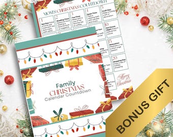 Family Christmas Countdown Calendar Printable Set | Holiday Planner for Families Kids & Parents | 30 Day Kids Christmas Activity Cards Bonus