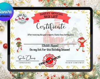 Editable Santa’s Official Nice List Certificate Canva Template • Printable Christmas Kid Award • Personalized Holiday Keepsake