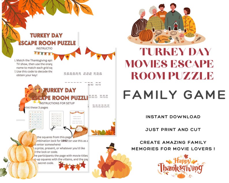 Printable Thanksgiving Movies Escape Room - Fun Thanksgiving Game for ...