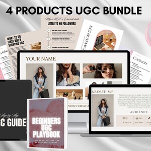 Peut inclure: Un bundle de marketing numérique pour la création de contenu généré par les utilisateurs (UGC) comprend un guide, un manuel, un guide de gestion de contenu et un guide sur ce qu'il faut faire pour démarrer l'UGC. Le bundle est intitulé "4 Products UGC Bundle".