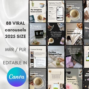 88 caroselli estetici, modelli di social media, contorno bianco, prodotti digitali MRR PLR fatti per te, dimensioni 2025, marketing senza volto