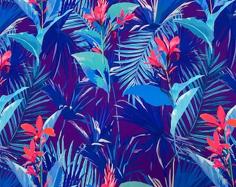 May include: A vibrant, digitally-created tropical pattern featuring lush foliage and flowers. The design showcases a rich color palette of deep purple, various shades of blue, and pops of coral-red. The leaves and flowers are intricately detailed.