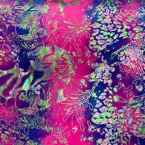 Shiny foil Abstract Pattern on Pink/Purple/Blue Spandex Fabric - 4-way Stretch (80 Nylon, 20 Spandex) -  Fabric by the Yard