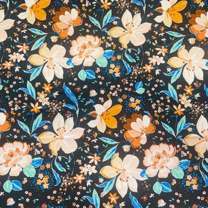 Flowers on Black Spandex Fabric, 4-way Stretch Fabric, Swimwear, Activewear, Dancewear, Sportwear Fabric by the Yard