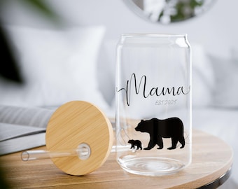 Mama Bear Sipper Glass, 16oz with Lid and Straw, Coffee Mug Gift for Mom, Reusable Travel Cup, Mother's Day Present, Cute Bear Mama Glass