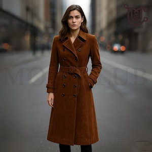 Women’s Long Brown Suede Trench Coat | Luxury Double-Breasted Belted Overcoat | Classic Winter Jacket | Vintage Full-Length Suede Coat