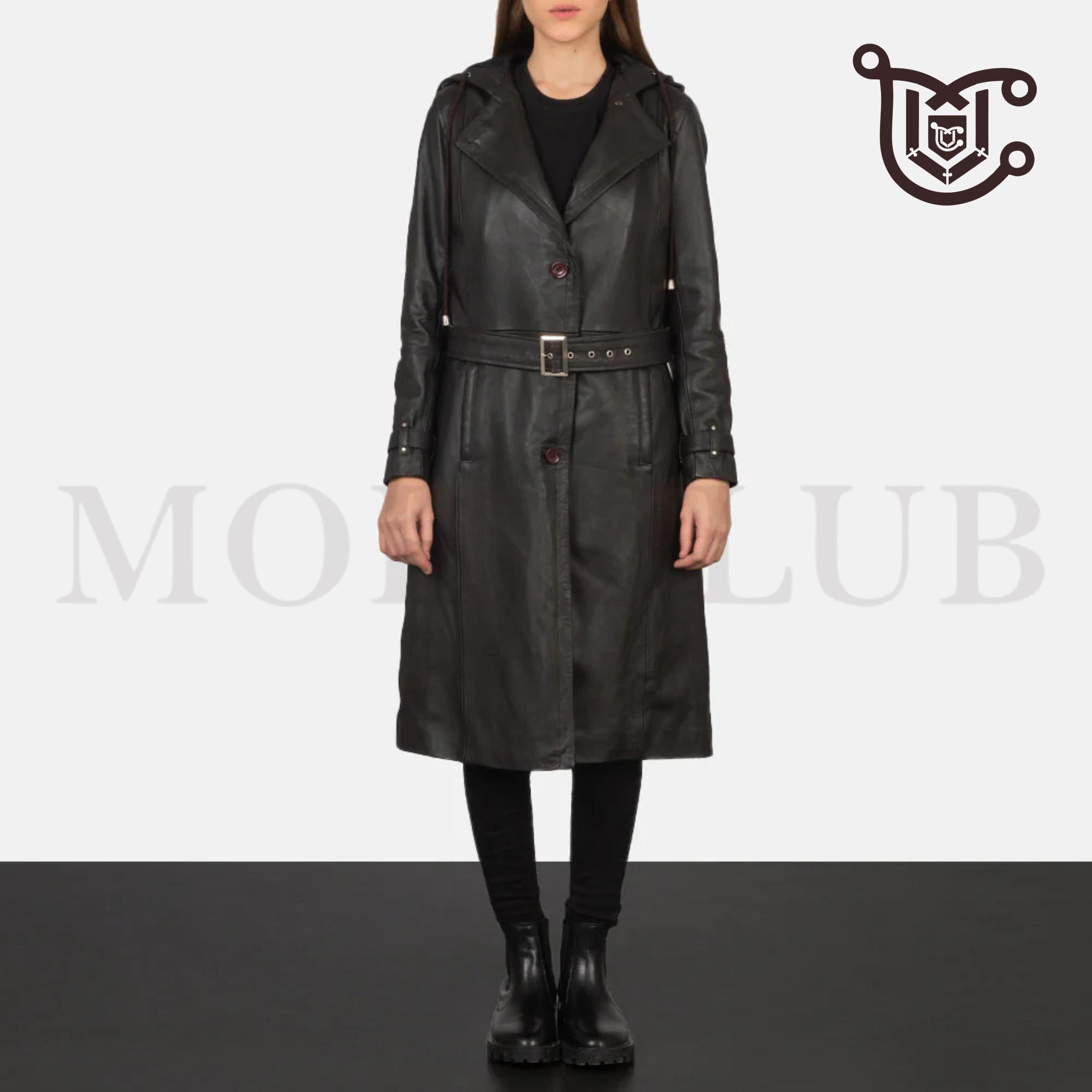 Vintage Black Leather Long Trench Coat, Midi Jacket Coat