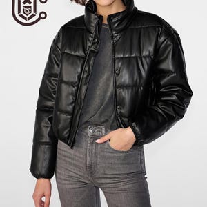 Jaqueta de couro feminina puffer, roupa de inverno estilosa, jaqueta de couro de cordeiro real de qualidade premium, o melhor e único presente para ela, jaqueta de luxo