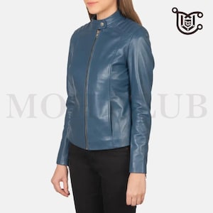 Women’s Blue Genuine Leather Biker Jacket – Slim Fit Moto Style Zip-Up Coat – Soft Real Lambskin with Stand Collar