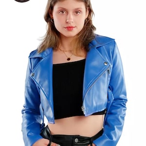 Women&#39;s Cropped Lambskin Leather Biker Jacket , Handmade Leather Short Jacket, Women Blue Mini Length Jacket, Gift for her