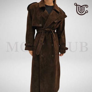 Women’s Brown Suede Trench Coat – Full Length Double Breasted Belted Overcoat – Handmade Winter Jacket – XS to 4XL Custom Size