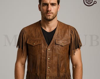 ウェスタンベスト　フリンジ　カウボーイ　コスプレ　衣装　道化師　大道芸  B メンズ本革フリンジベスト：ウエスタンカウボーイスチームパンク