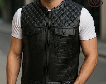 Mens Motorcycle  Leather Biker style Black Crocodile Leather vest,Leather Vest - knitted Genuine Leather Custom Vest - Best gift for him