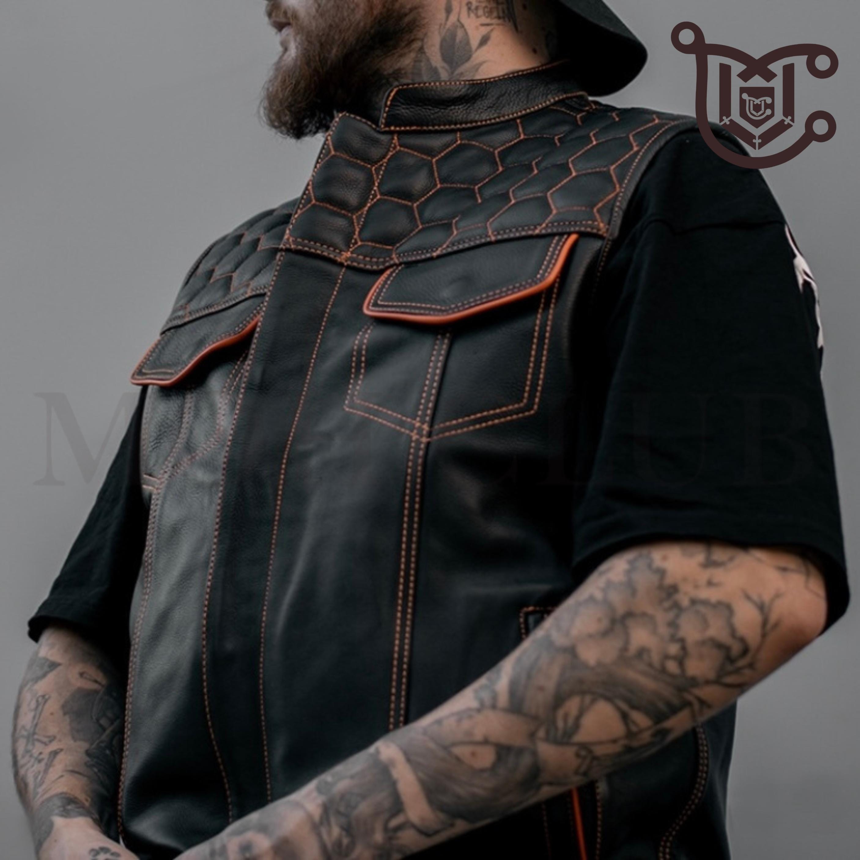 Leather Vest - Motorcycle Vest - Biker style Black Vest - Sheep Leather Vest - knitted Genuine Leather Custom Vest - Best gift for him