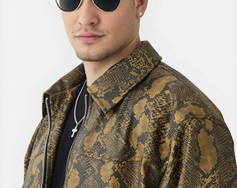 New men&#39;s snake printed jacket, Genuine leather printed jacket, Lambskin Leather Jacket, Handmade Jacket, Biker Vintage Jacket,Unique gift