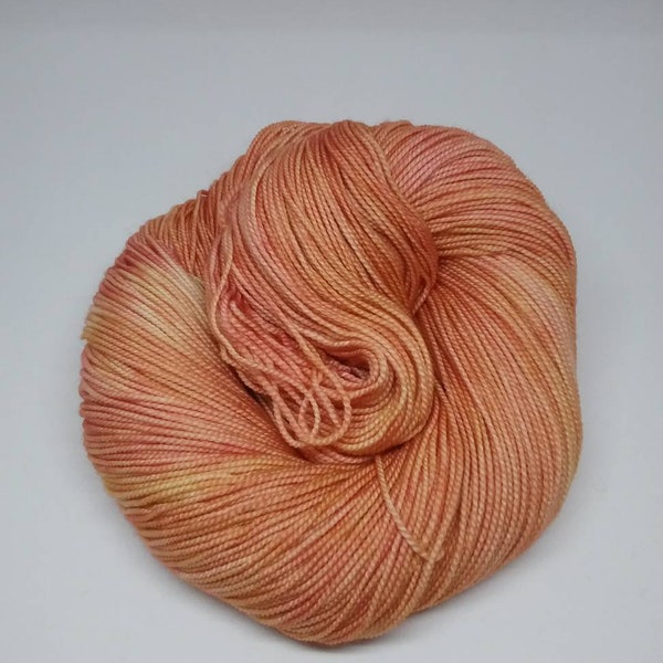 Rose Gold, pink-peach with pale green hues, hand dyed yarn, tonal, soft and feminine, sock, indie dyer