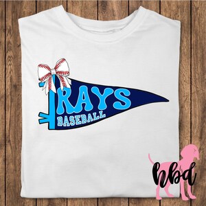 May include: White t-shirt with a blue and white pennant that says "Rays Baseball" and a red, white, and blue bow.