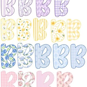 以下が含まれることがあります： 様々な模様の文字「B」のコレクション。デザインには、オレンジ、ピンク、青、黄色、緑などの色で、花柄、ギンガムチェック、ストライプ、リボンの模様が含まれています。各文字は白で縁取られています。