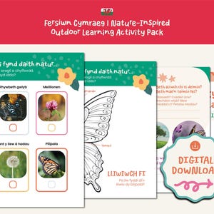 May include: A colorful outdoor learning activity pack with the text "Fersiwn Cymraeg | Nature-Inspired Outdoor Learning Activity Pack". The pack includes illustrated cards with nature-themed images and the words "Digital Download".
