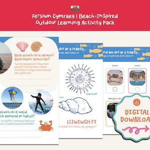 May include: A colorful educational activity pack with the text "Fersiwn Cymraeg | Beach-Inspired Outdoor Learning Activity Pack". The pack includes illustrations of beach scenes, sea creatures, and children playing. A digital download is available.