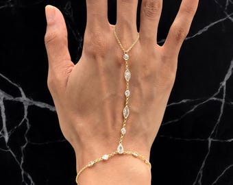 14 kt vergulde handketting van 925 sterlingzilver – sierlijke vingerarmband met zirkonia