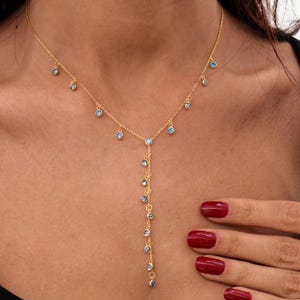 14K Gold Plated Aquamarine Lariat Y Necklace in 925 Sterling Silver, Birthstone Drop Necklace, Dainty Bridal Necklace, Bridesmaid Gifts