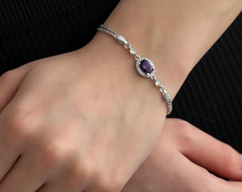 925 sterlingzilveren amethist armband, armband paarse zirkonia, februari geboortesteen geïnspireerde sieraden, ovale stenen armband voor vrouwen