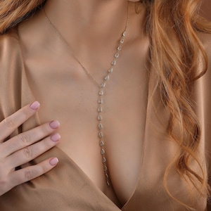 Dainty Teardrop Y Necklace, 925 Sterling Silver Lariat Necklace, Drop Cubic Zirconia Necklace, Bridesmaid Gift, Layered Jewelry