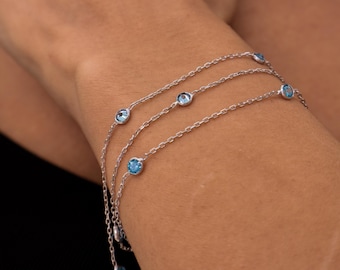 Zilveren gelaagde armband met blauwe zirkonia, minimalistische schakelarmband, alledaagse armband voor dames, stapelbare sieraden