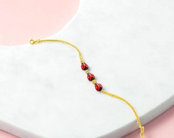 14K vergulde armband lieveheersbeestje, sierlijke rode geëmailleerde bedelarmband, minimalistische Lucky Bug-ketting, schattige alledaagse sieraden cadeau voor haar