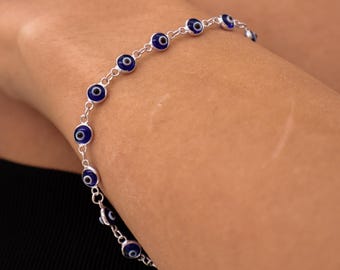 925 sterlingzilveren boze oog-armband, marineblauwe Nazar-armband, minimalistische sierlijke armband, verstelbare armband, cadeau voor haar