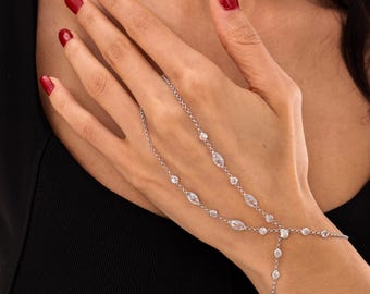 Dainty Hand Chain Bracelet in 925 Sterling Silver, Boho Finger Bracelet with Round & Marquise Cut Cubic Zirconia