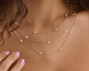 Sierlijke gelaagde ketting van 925 sterlingzilver, ketting met drie stations en zirkonia