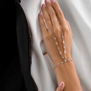 Sterling Silver Hand Chain Bracelet: Marquise Pear CZ Bridal Jewelry