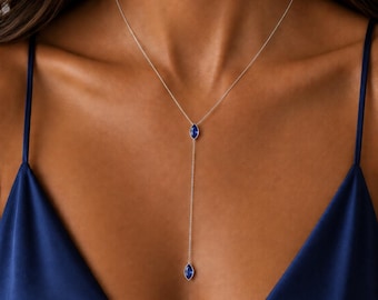 925 Sterling Silver Marquise Y Drop Necklace, Sapphire Blue CZ Lariat, Minimalist Layering Piece, September Birthstone Color, Gift for Her